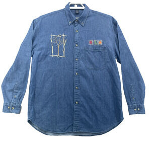 Vtg 90's Sz XL Artsy Classic Denim Chambray Embroidered Country Fall Leaves Tree